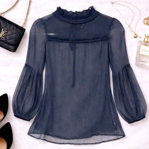 Free People Sheer Chiffon Blouse Women Black Size 2 Mock Neck Long Sleeve